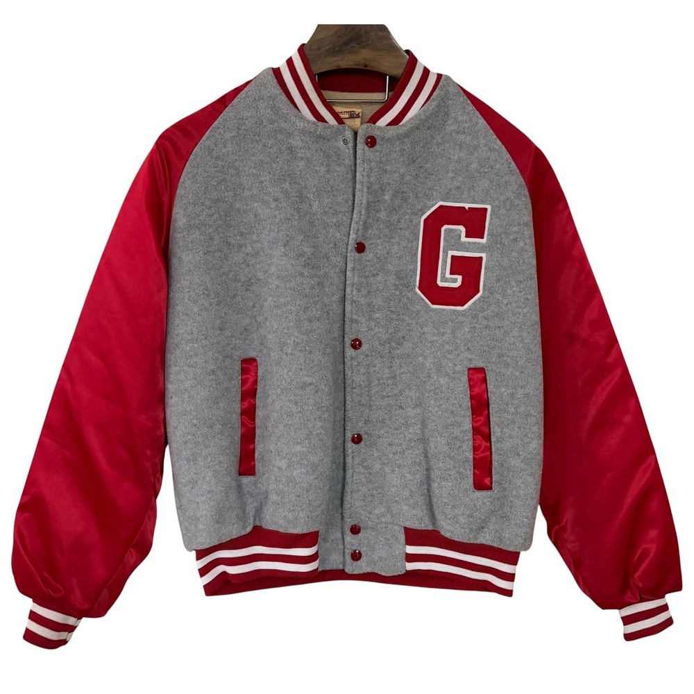 Vintage Chalk Line G Patch Georgia Varsity Bomber Jacket Red Gray Satin Fleece L